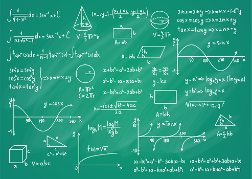 Math Science Formulas Thin Line on a Green Blackboard Background. Vector illustration of Education or Science Concept