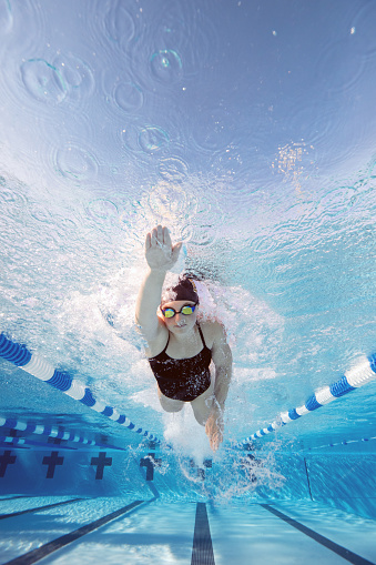 Underwater image of a female swimmer training at the Olympic size swimming pool