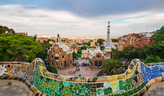 Serpentine bench of Parc Guell in Barcelona Spain