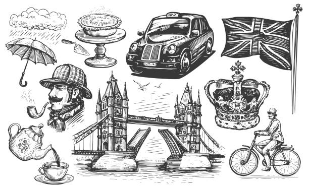 illustrazioni stock, clip art, cartoni animati e icone di tendenza di illustrazione vettoriale di londra. schizzo disegnato a mano inghilterra set. elementi della collezione gran bretagna in stile incisione vintage - tower bridge immagine