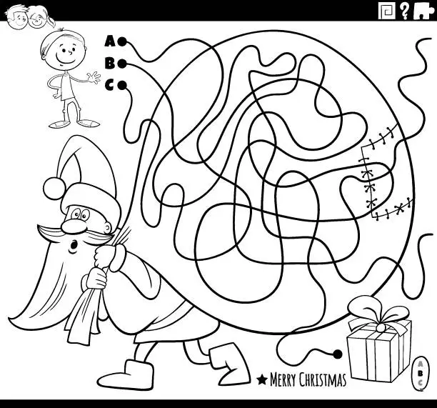 Vector illustration of maze with Santa Claus with sak of gifts and boy coloring page