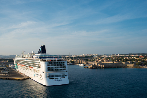 City Rhodes, Rhodes Island, Greece - Oct 14, 2022:  After more than two years of navigating choppy waters since the break of the pandemic, the cruise industry now has seen a strong comeback.