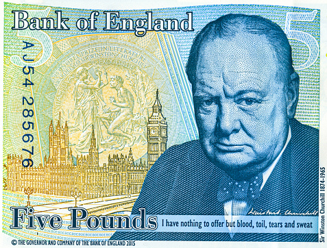 Detail of British five pounds sterling banknote. Portrait of Sir Winston Churchill, Prime Minister of the United Kingdom