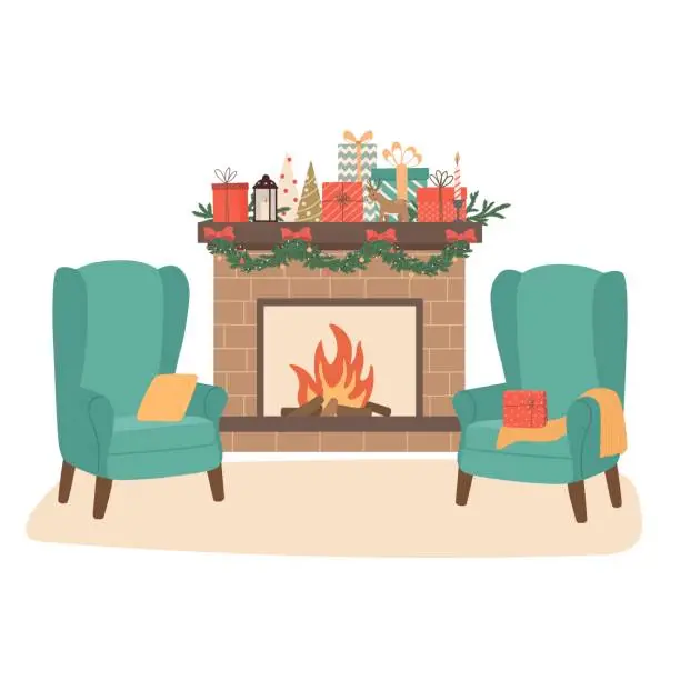 Vector illustration of Christmas cozy living room interior with fireplace, armchairs and decoration.