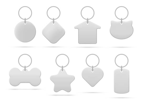Domestic animal tokens for collar set realistic vector pet silver accessory for name address Domestic animal tokens for collar set realistic vector illustration. Metallic pet silver accessory for name address sample branding identification holder on ring. Cat dog tag round rhombus house bone collar stock illustrations