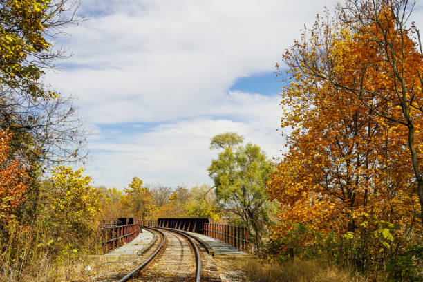Picturesque autumn landscape with a train trestle in Massillon, Ohio, USA.
