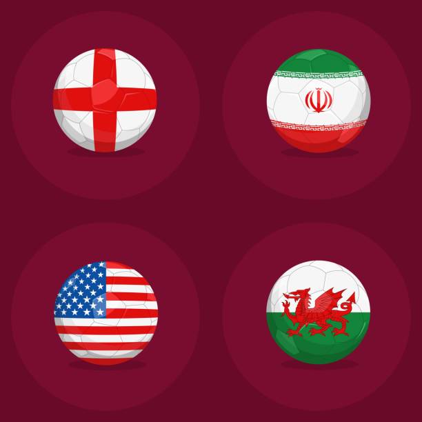 вектор футбольных мячей с цветами национальных флагов: англия, иран, сша, уэльс группа b. матчи группового этапа чемпионата по футболу 2022 год - iran wales stock illustrations