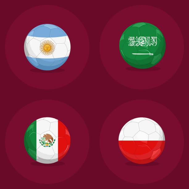 вектор футбольных мячей с цветами национальных флагов: англия, иран, сша, уэльс группа b. матчи группового этапа чемпионата по футболу 2022 год - mexico argentina stock illustrations
