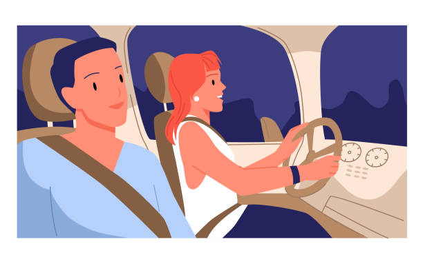 Couple with in safety belts sitting inside car, side view, woman holding steering wheel Couple with in safety belts sitting inside car on seats, side view vector illustration. Cartoon happy woman holding steering wheel and driving automobile, cheerful man looking at window background woman driving car night stock illustrations