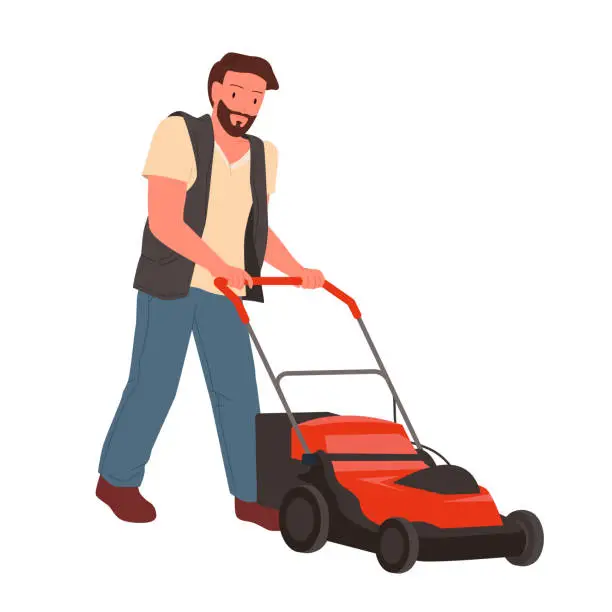 Vector illustration of Man mowing grass with lawn mower, worker of maintenance service holding push machine