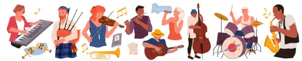 Vector illustration of Wide set of musicians playing on various instruments