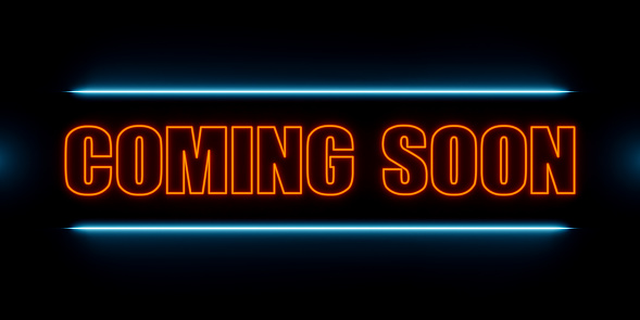 Neon sign with the text coming soon. Illuminated in blue and orange. Business, retail, shopping event and marketing concept. 3D illustration