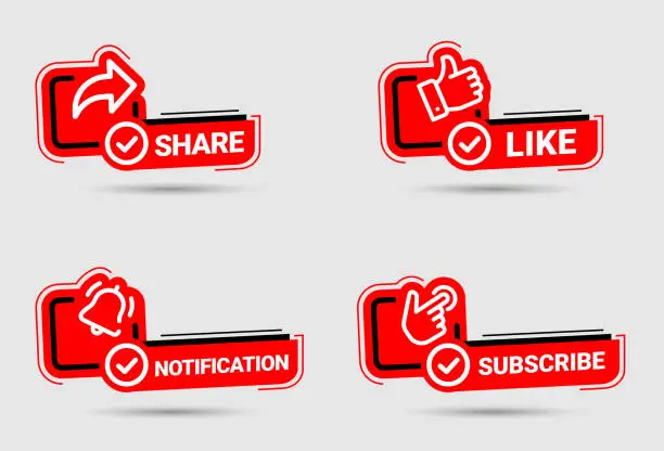 Vector illustration of Share, Like, Notification, and Subscribe Buttons