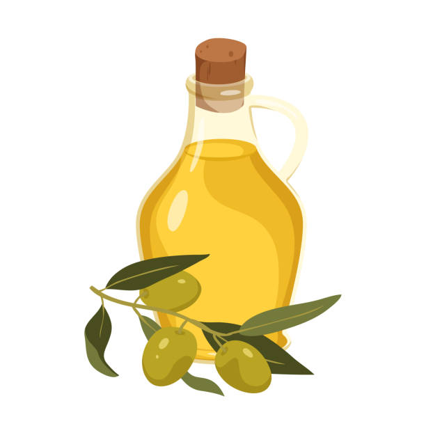 ilustraciones, imágenes clip art, dibujos animados e iconos de stock de aceite de oliva en botella y rama con fruta y hojas verdes, frasco de vidrio con tapa de corcho - aceite de oliva