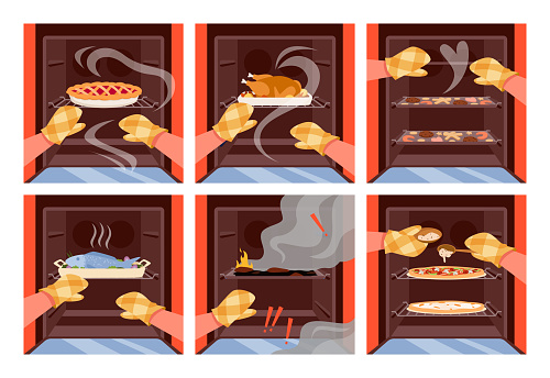 Different baked food in opened oven. Cooking cake, roasted chicken and homemade pizza, freshly baked cookies, smoke from overcooked dish, removing hot tray vector illustration