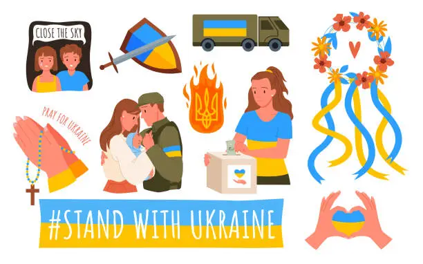 Vector illustration of Support and help for Ukraine set, Stand with Ukraine on Ukrainian flag, humanitarian aid