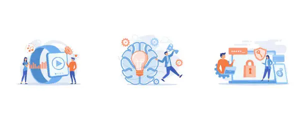 Vector illustration of Users listening and huge smartwatch with player icon, Brain with bulb and user jumps carrying cup, Developers work on cyber security program, set flat vector modern illustration