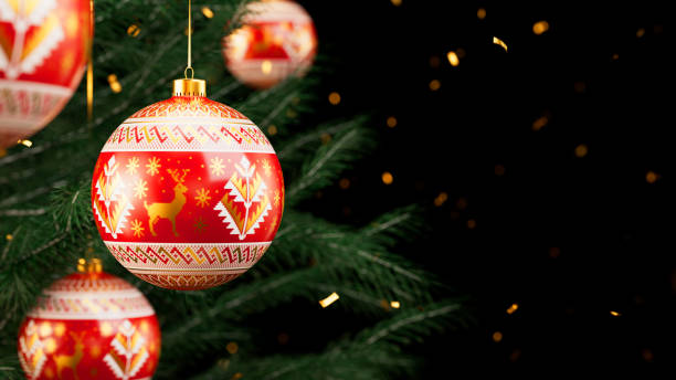 istock New Year red baubles with deer ornament with falling glitter, Christmas decoration with pine tree. Realistic 3d render illustration balls on black background 1438499521