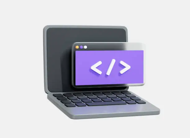 Photo of 3D Computer laptop and program code development. Web coding concept. Website programming. Realistic elements. Cartoon creative design icon isolated on white background. 3D Rendering