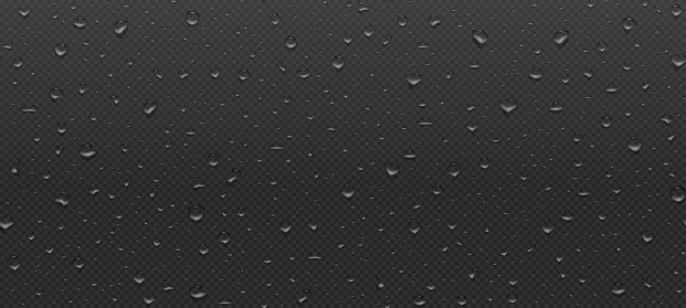 Realistic water droplets transparent pattern on black background. Raindrops on glass. Shower or rain on window. Drops texture. Condensed wet on surface. Vector illustration