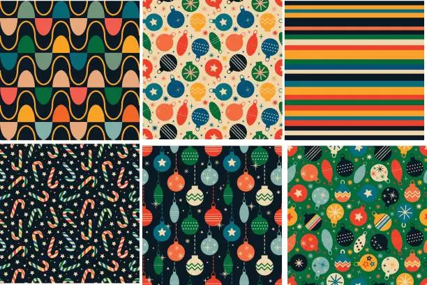 Vector illustration of Vintage retro Christmas seamless patterns in the style of the 60s and 70s