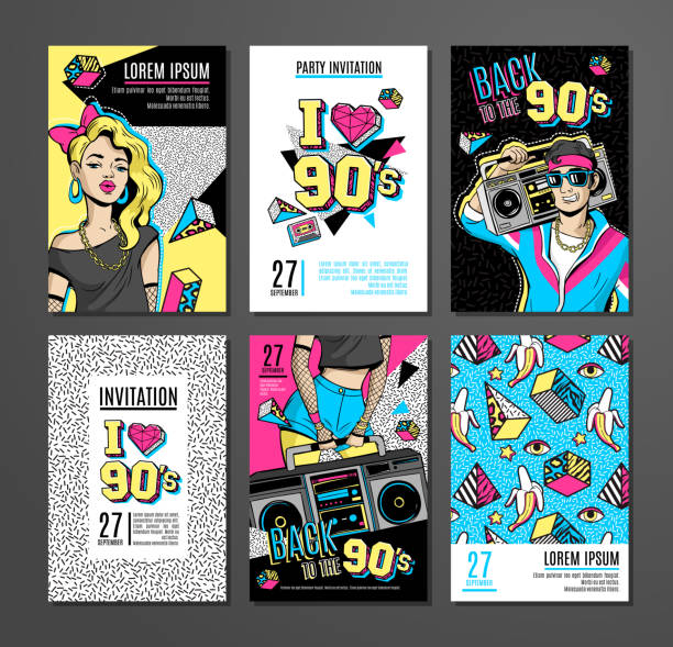 illustrazioni stock, clip art, cartoni animati e icone di tendenza di set di carte e striscioni in stile memphis anni '80-'90. - image created 1990s