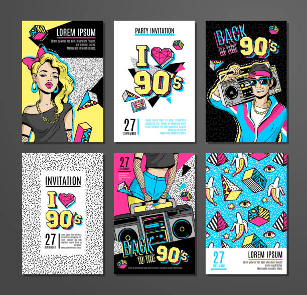 Set of cards and banners in 80s-90s memphis style. Memphis cards with geometric elements and retro illustrations. Set of vector banners in trendy 80s-90s memphis style. Can be used in cover design, book design, advertising, posters and greeting cards. 90s background stock illustrations