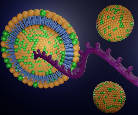 Isolated Lipid nanoparticleis containg RNA strand 3d rendering