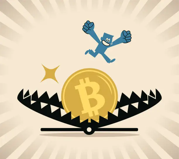 Vector illustration of A businessman is jumping over a bear trap that uses cryptocurrency as bait.