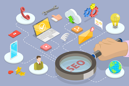 3D Isometric Flat Vector Conceptual Illustration of SEO Optimization, Web Analytics and Search Engine Ranking