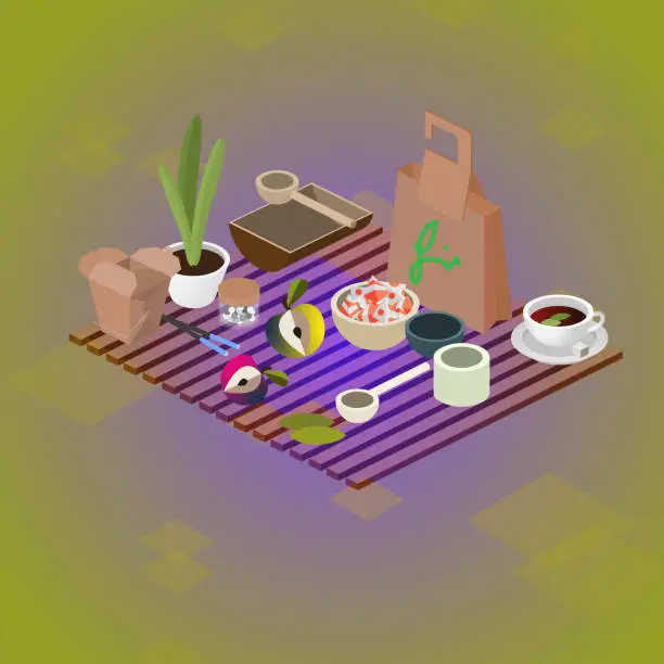 Vector illustration of Isometric Sustainable Products - Green Living Concept - Biodegradable Packaging - Upcycled Objects - Organic Products - Organic Food & Drink