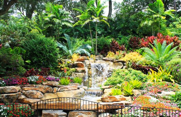 giardino tropicale con cascata - fountain landscaped ornamental garden flower bed foto e immagini stock