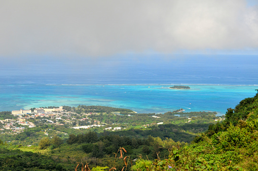 Moorea, French Polynesia - 2001: A view of the lush mountain island of Moorea in French Polynesia with blue clear water on the rare Canon EOS 1N - Kodak DCS 520, one of the first professional digital cameras.