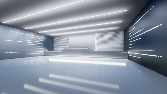 3d rendering of empty space inside futuristic showroom, spaceship, hall or studio in perspective view. Include ceiling, hidden light, white tile floor and counter. Modern background design with concept of future, technology.