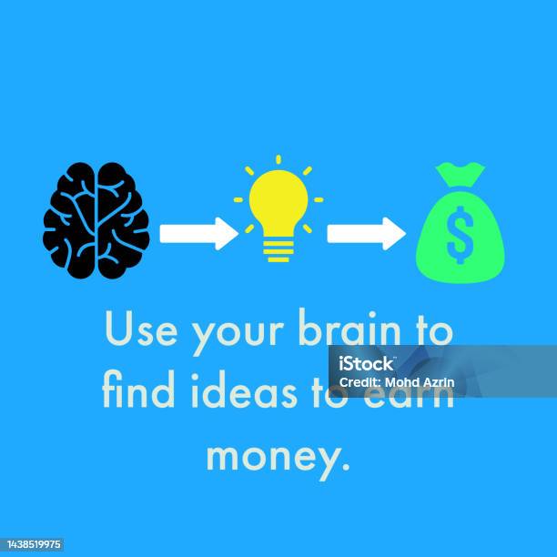 Illustration Of Icon Brainbulb And Money With Text Use Your Brain To Find Ideas To Earn Money Stock Photo - Download Image Now
