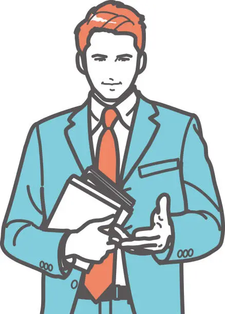 Vector illustration of A businessman holding materials and explaining them.