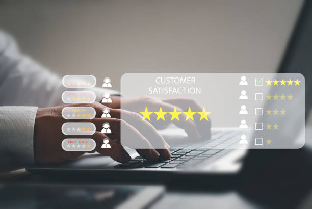 istock User give rating to service experience on online application. Assessment Survey Experience feedback business quality,service, compliments best.Customer service evaluation concept. 1438524742