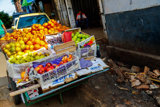 Fruit seller protects himself from the heat under a roof next to his cart stock photo
