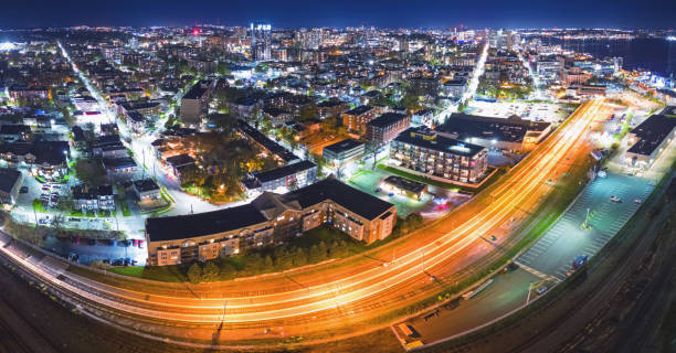 Aerial view of Halifax's port/rail district at night.