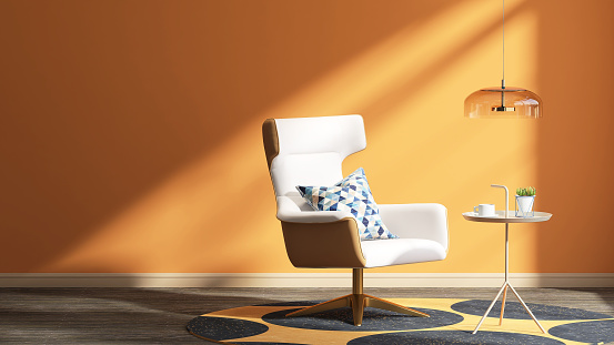 White classic and luxury leather wingback armchair, steel side table, pendant light and cushion in blank vibrant orange wall room with parquet floor, polka dot rug in sunlight from window for interior decoration, lifestyle and architecture product display