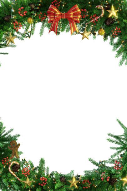 istock 3D Illustration , 3d rendering . Christmas decoration isolated. holiday border, frame. Red holly berry on pine tree branches. For celebration banners, headers, posters. 1438530253