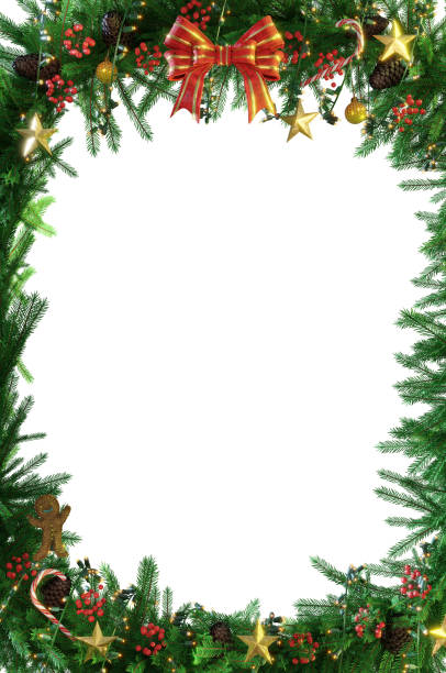 istock 3D Illustration , 3d rendering . Christmas decoration isolated. holiday border, frame. Red holly berry on pine tree branches. For celebration banners, headers, posters. 1438530262