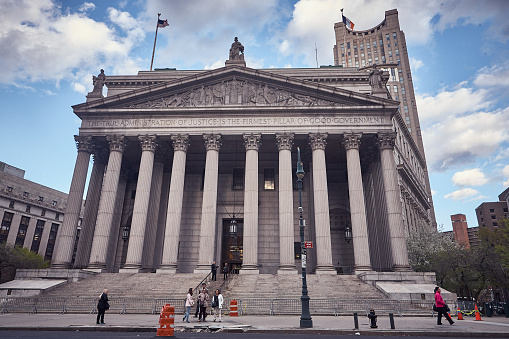 New York City, USA - April 28, 2015 : Low angle view of New York State Supreme Court Building