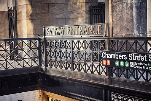 New York City, USA - April 28, 2015 : View of a subway entrance station at Chambers street