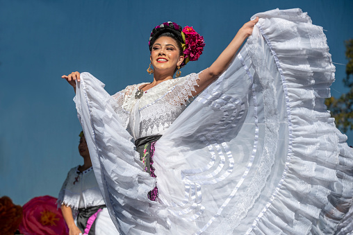 Downey, CA, USA - October 29, 2022: Ballet Folklorico, Mexican folk dancers perform at the ninth annual Downey’s Día de Los Muertos Art Festival.
