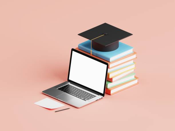istock Laptop with white blank screen laying at stack of books with graduation cap on top. Studying, education and e-learning concept. 3D illustration. 1438540894