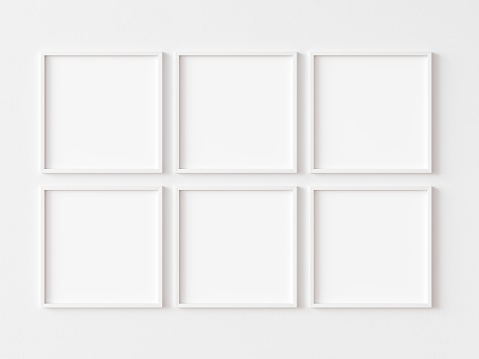 Two rows composition of six empty square picture frames with white border isolated on white background. Empty template for adding your content. 3D illustration.