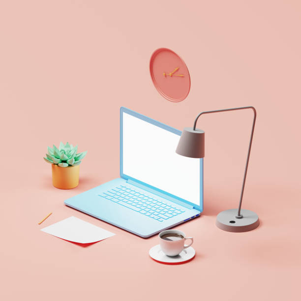 istock Minimalistic workplace with laptop. Content of desk over pink background. Studying, education and e-learning concept. 3D illustration. 1438541500
