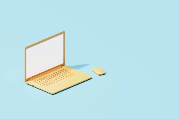 istock Yellow laptop standing with blank display for adding your content. Cyan background. 3D illustration. 1438541551