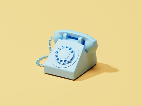 Pastel colour image of old rotary dial telephone. Cyan device on yellow background. 3D illustration.